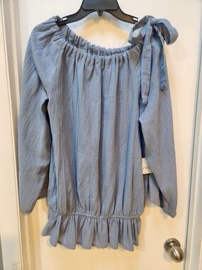 Free People Blue Off-Shoulder Ruffle-Hem Peasant Blouse